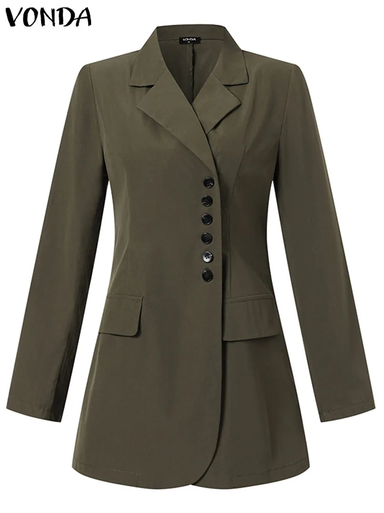 Women Elegant Blazer 2023 VONDA Sexy Lapel Neck Outerwear Casual Long Sleeve Coats Padded Shoulder Button Blazer Feminina