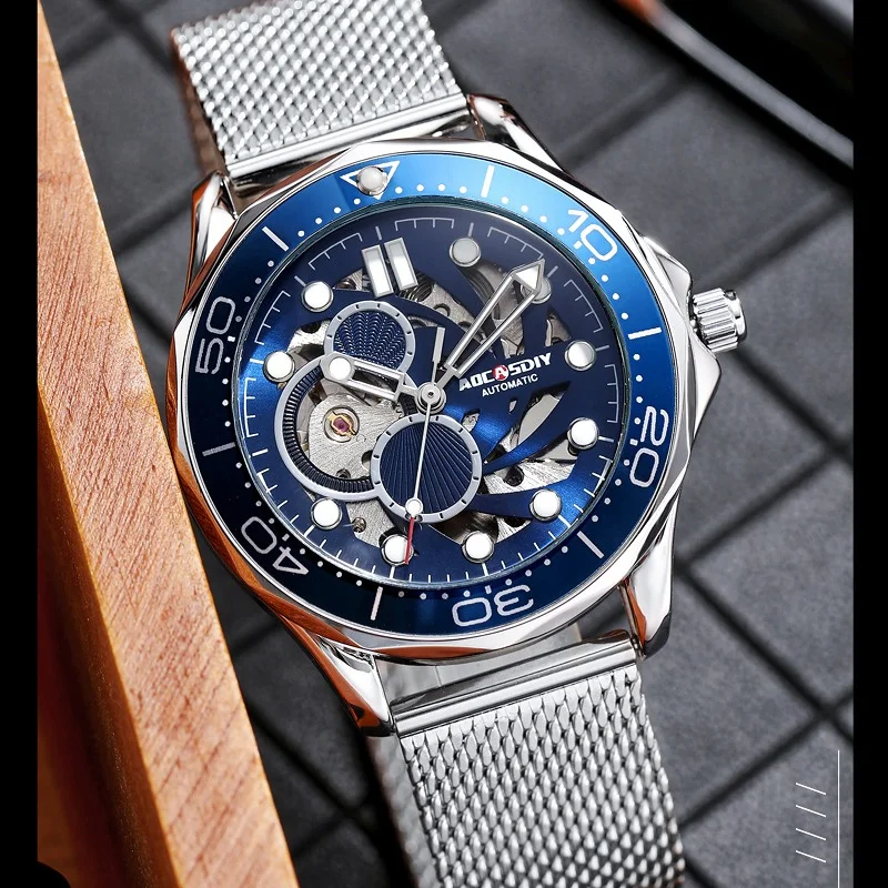 

Fashion brand mechanical men's watch AOCASDIY waterproof luminous chronograph wristwatch luxury hollowed out business watches
