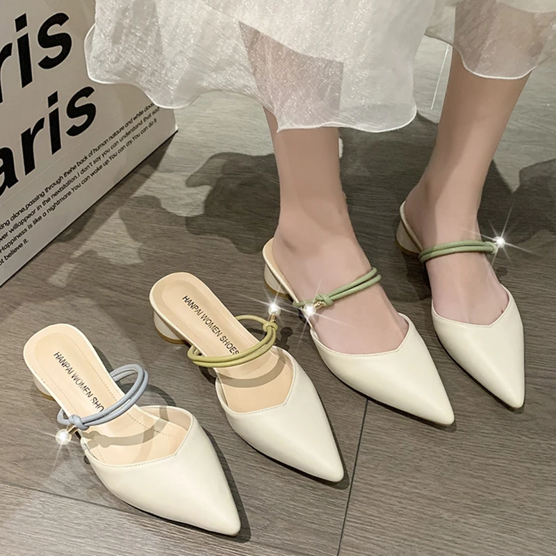 Summer Mules Shoes Woman 2023 New Korean Fashion Outdoor Heeled Mules Slippers Women Sandals Design Pointed Toe Dress Shoes