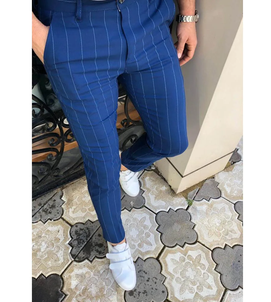 

2022 High Quality Fashion Men's Casual Business Pants Slim Striped Zipper Trousers Cotton Medium Full Length Pencil Pants Trouse