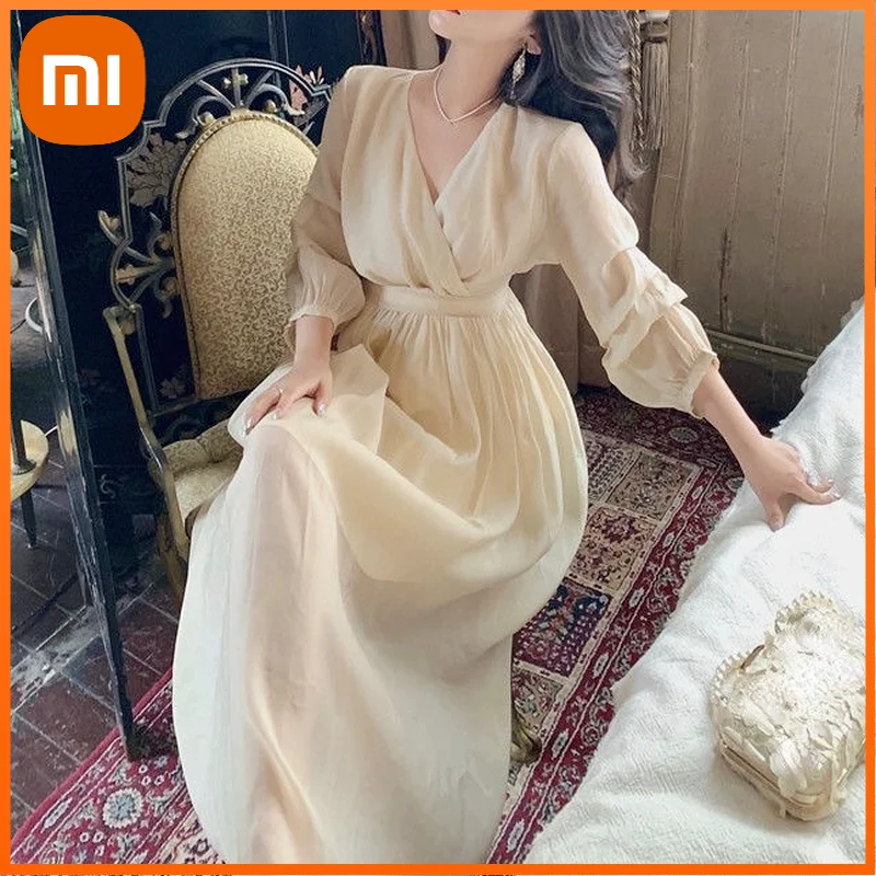 

Xiaomi Autumn Elegant Vintage Midi Dress Women Sweet Evening Party One Piece Dress Casual Long Sleeve Pure Color Dress Lady