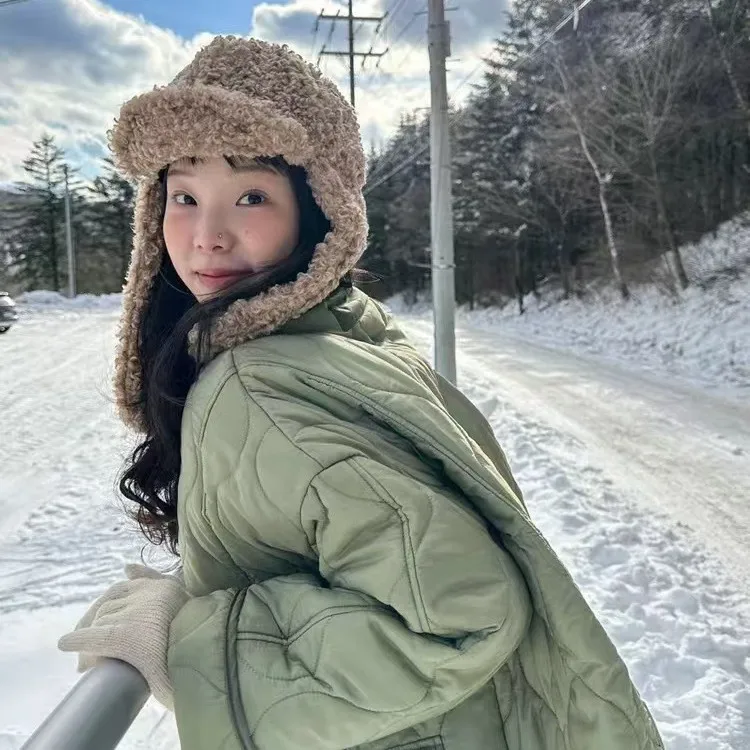 Русская шапка-ушанка корейская однотонная женская зимняя шапка уличная вязаная