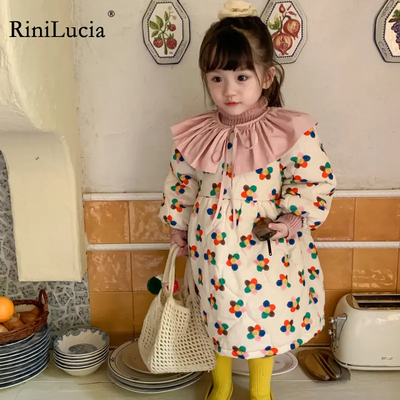 

RiniLucia 2022 Winter Korean Baby Girls Floral Printed Thicken Dresses Puff Sleeve Toddlers Kids Padded Cotton Warm Dress