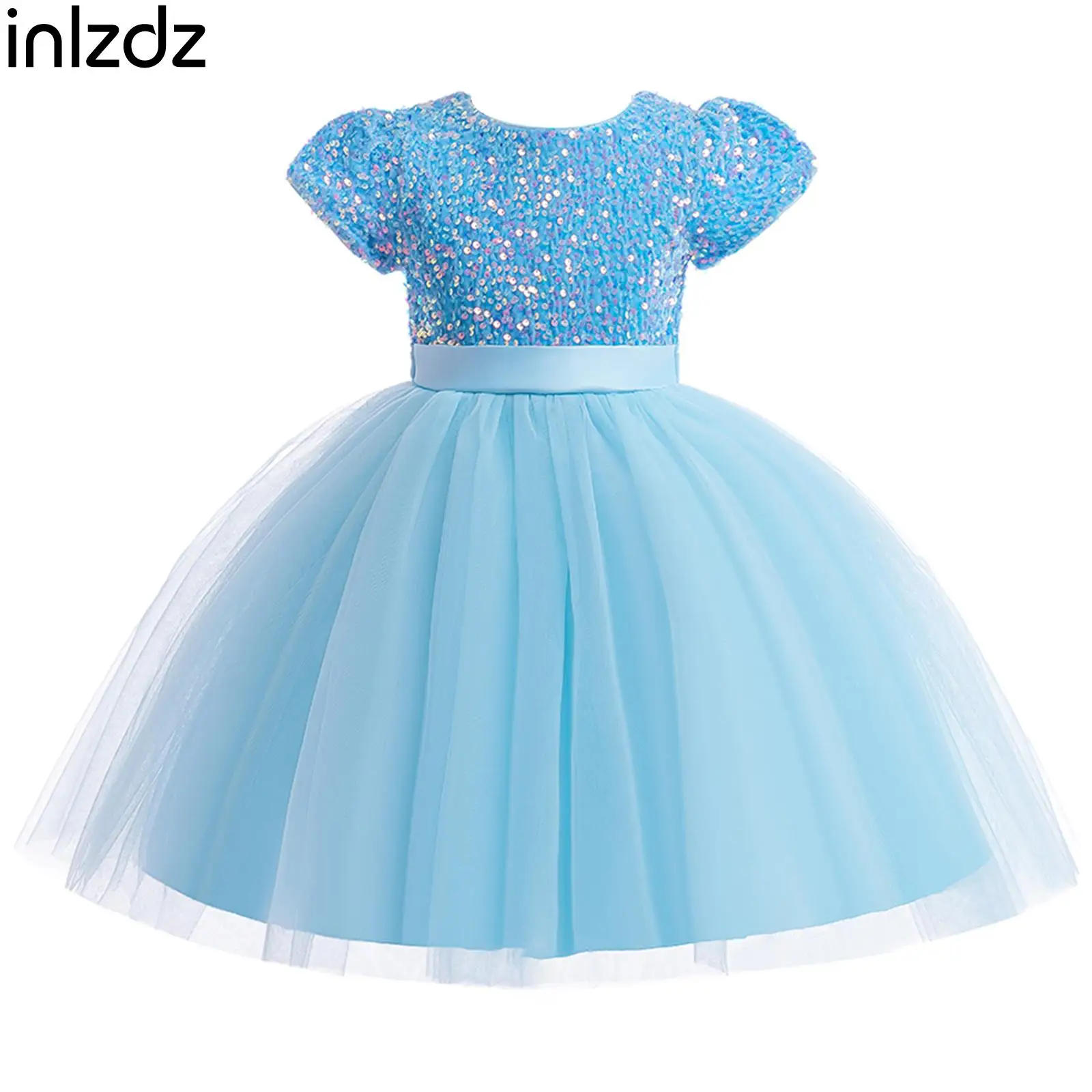 

3-11 Year Children Girls Sequins Princess Dress Round Neck Short Sleeve Kids Party Tutu Dresses for Wedding Birthday Christmas