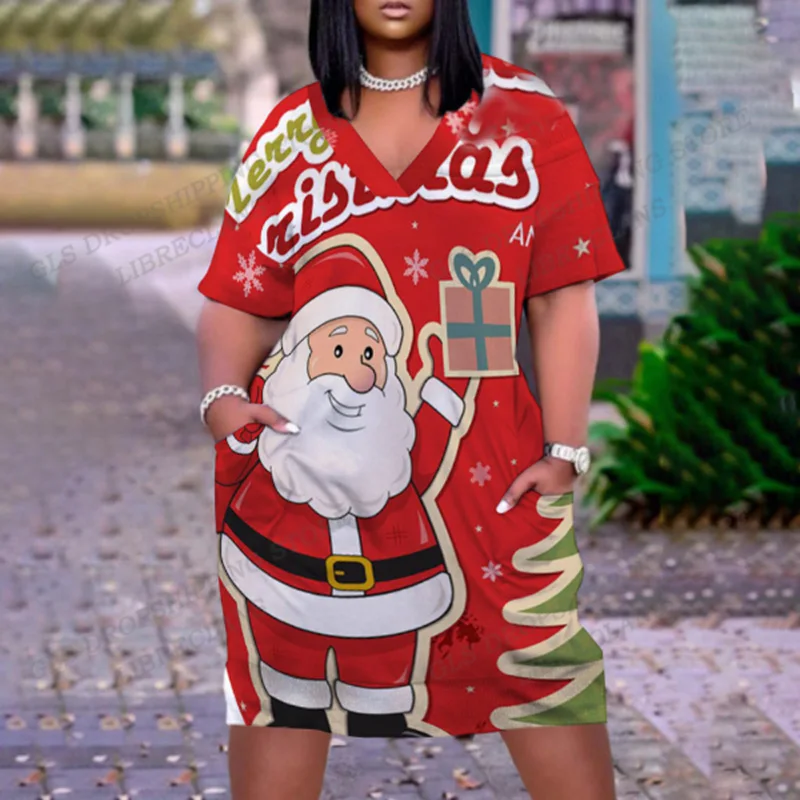

Merry Christmas Dress Women Fashion Loose Santa Claus Dress Evening Party Snowflake Dresses Maxi Short Sleeve Vocation Vestidos