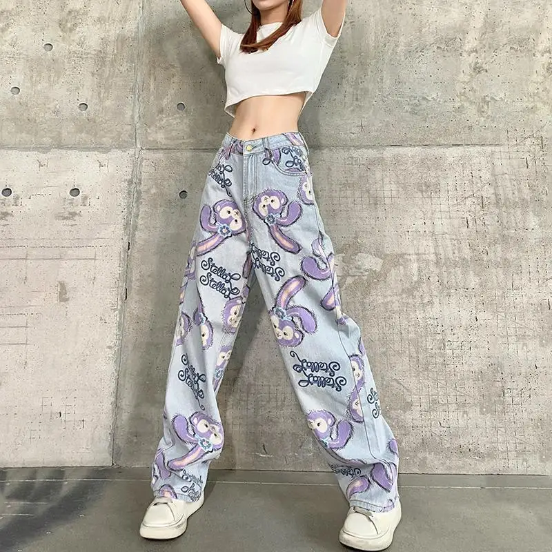 2023 Women Jeans Straight Pants Oversize Cartoon Rabbit Print Zipper Casual Female Long Trousers Large Size Mom Jeans High Waist