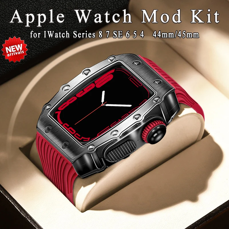 44mm Luxury Case Alloy Bezel for Apple Watch 8 Mod Kit 45MM 41MM for IWatch Series 8 7 SE 6 5 4 Rubber Strap Metal Modification