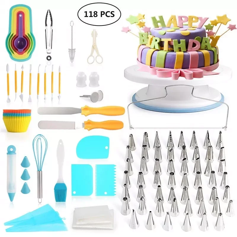 

118 piece cake turntable set DIY Cream nozzles Piping pastry bag spatula cake scraper baking tools for cakes Decoration for cake