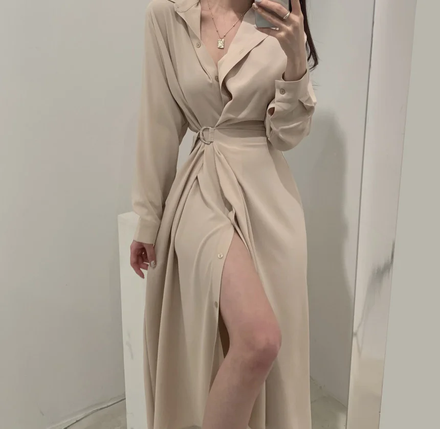 

Винтажное длинное платье-рубашка в Корейском стиле, французские элегантные кружевные платья с талией для женщин, женское платье с длинным р...