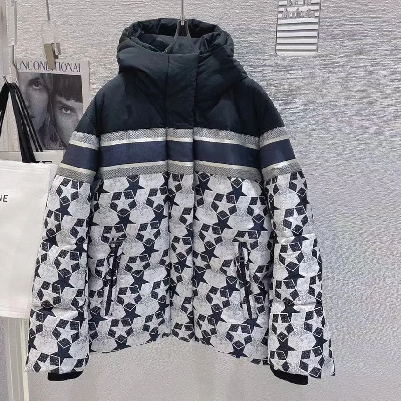 

2023 Brand New Five pointed Star Splice Cotton Coat with Letter Print on the Back winter women coat warm 2023 jackets for women
