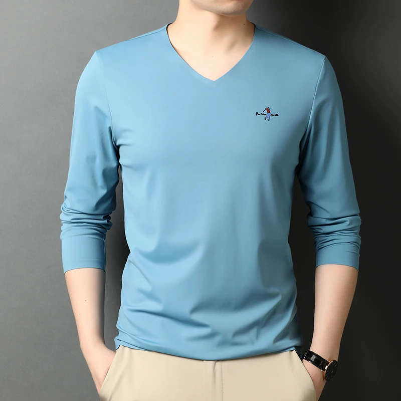 

V-neck Printing Mens Polo Shirts Soft Classic Pure Color Business Spring Autumn New Casual Korean Long Sleeve Fashion Slim Fit