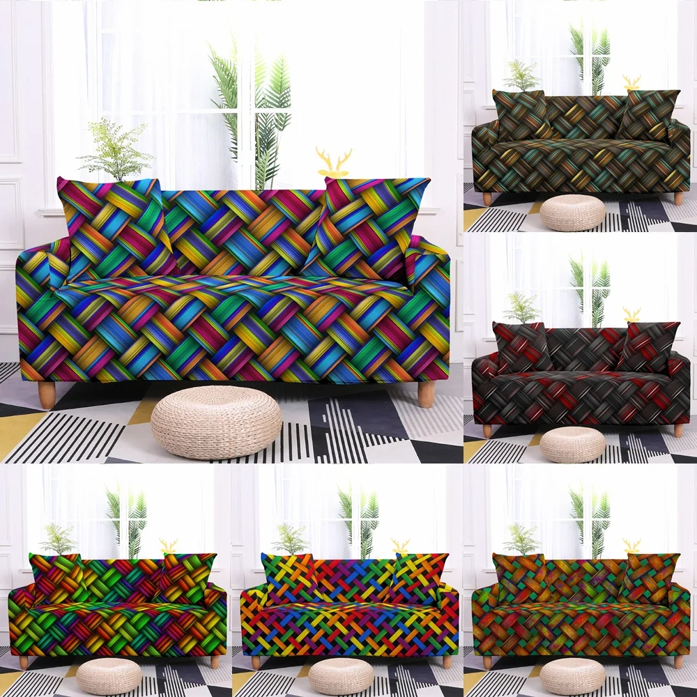 

3D Colorful Weaving Sofa Covers Living Room Decor Anti-dirty Rainbow Art Elastic All Inclusive Armchair Slipcovers Couch Cover