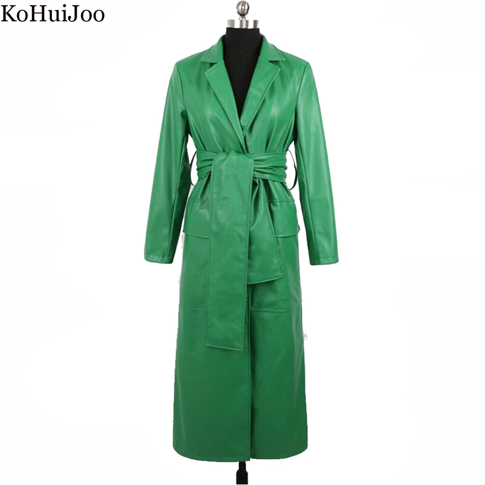 KoHuiJoo Spring Oversized Long Leather Trench Coat Women 2022 Fashion Sashes Spring Green Slim Elegant Faux PU Leather Coats