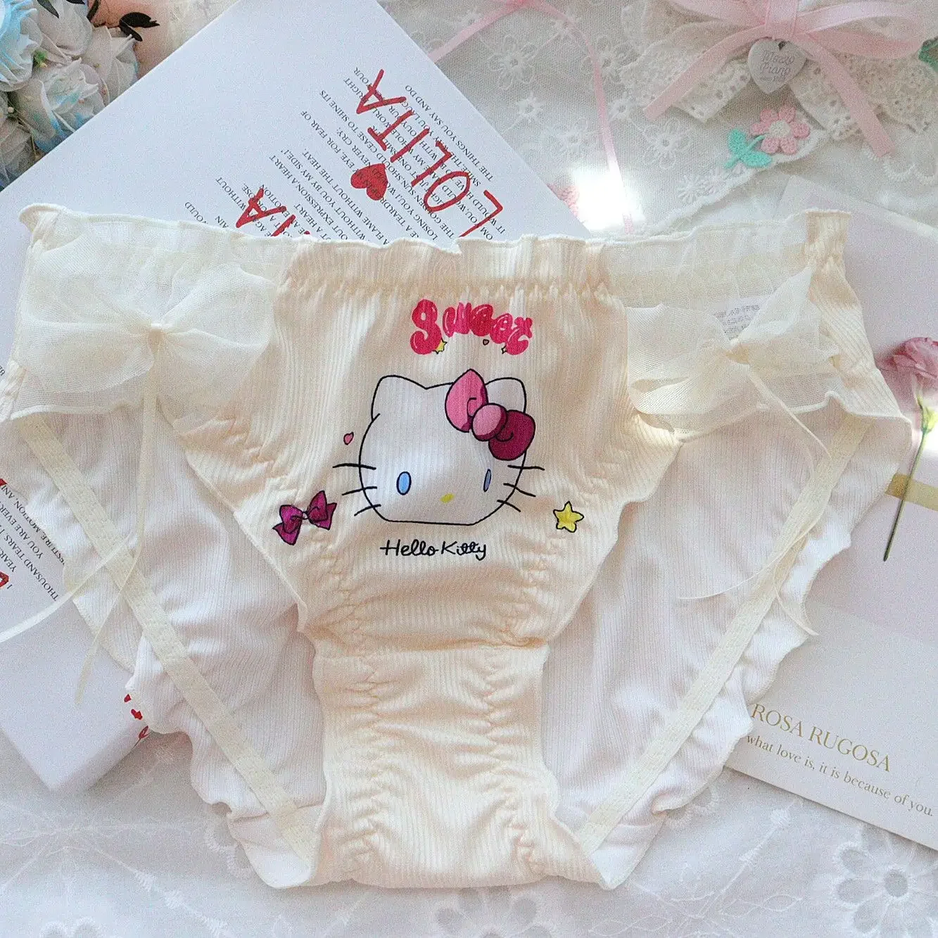Японские милые трусы Hello Kitty девчачьи кружевные с рюшами и милым принтом женские