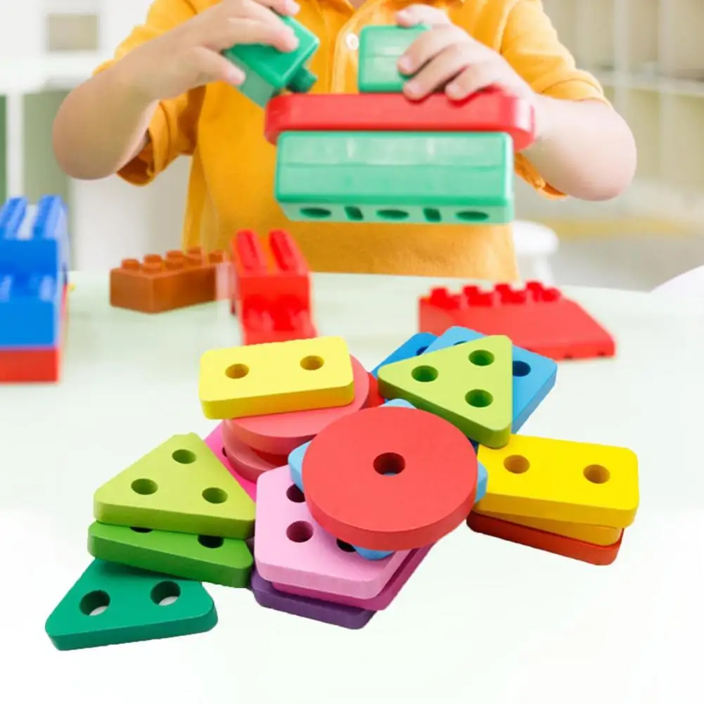 

Hot Sales！1 Set Wooden Sorting Block Educational Hands-on Skills Five Column Color Shape Recognition Number Building Block for C