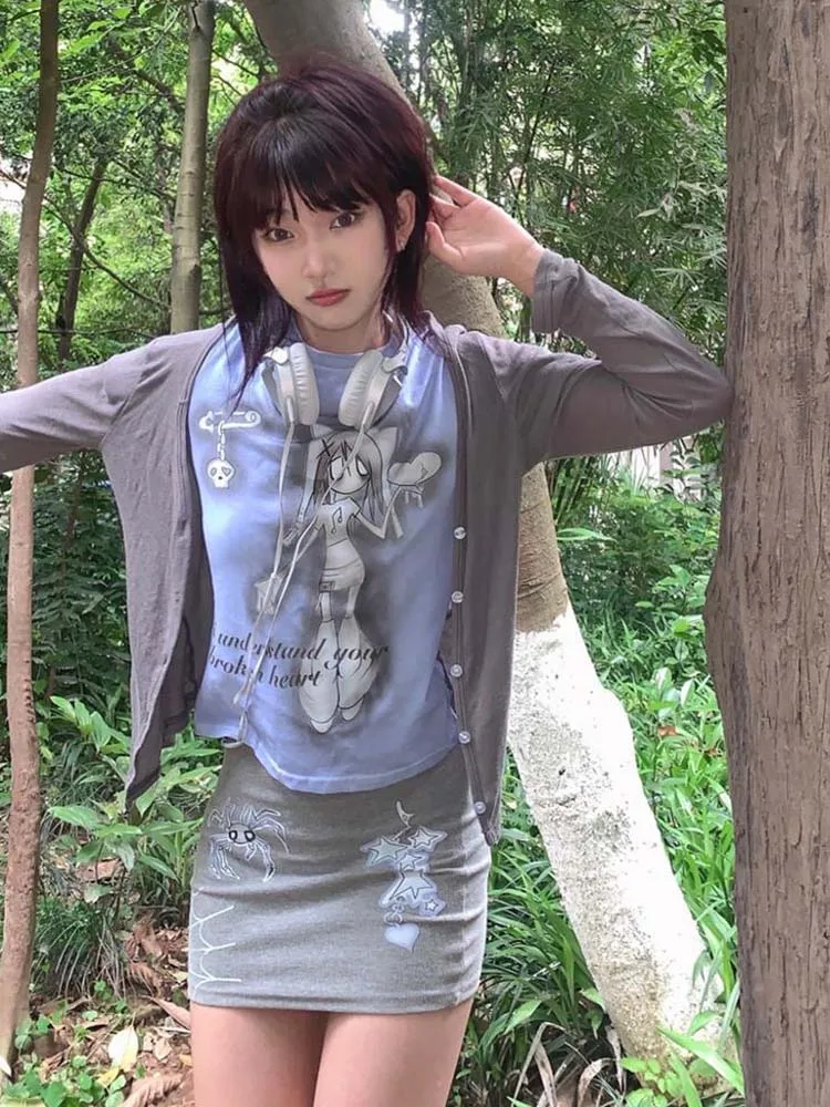 

Женский комплект из двух предметов Y2K, летняя футболка с коротким рукавом и юбка, эстетичная футболка в стиле Харадзюку, милый уличный компл...