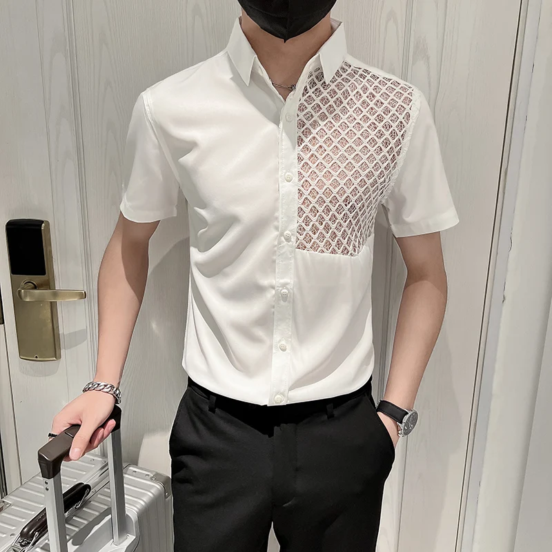 

Black/White Summer Fashion Lace Spliced Short Sleeve Shirts For Men Clothing 2022 Slim Fit Casual Club Tuxedo Camisas De Hombre