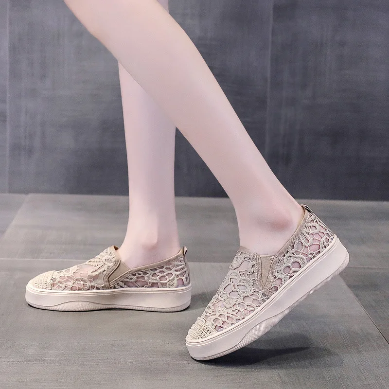 Women Canvas Shoes 2023 Spring Summer Solid Color Lace Casual Shoes Fashion Round Toe Loafers for Ladies Flat Shoes