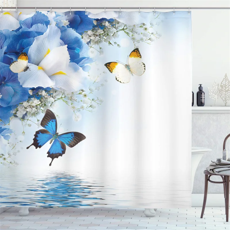 

Floral Blue And Green Shower Curtain Liner Nature Theme Wild Flowers Monarch Flying Butterflies Lily On Lake Therapy Spa Fabric