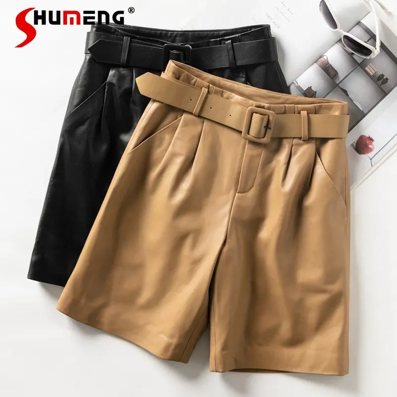 Genuine Leather Half Pants Casual Women's Wide Leg Pocket Slimming Sheepskin High Waist Cropped Pants Autumn and Winter 2022