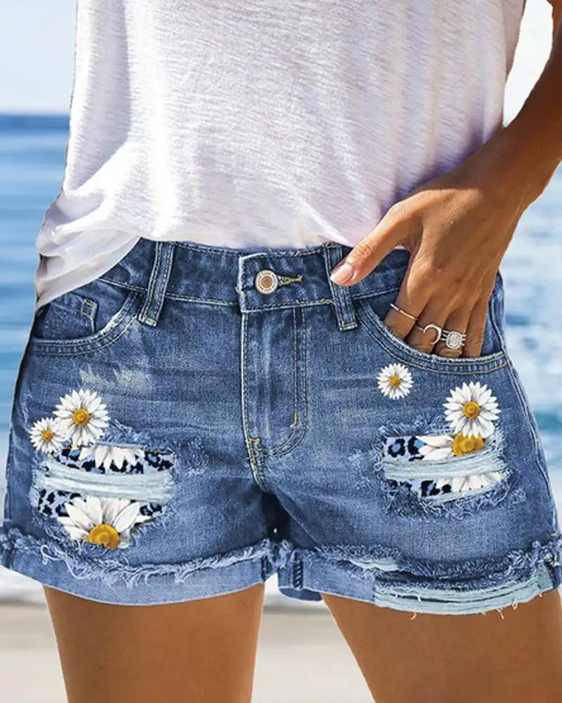 

Summer Womens 2023 Daisy Print Patchwork Ripped Denim Shorts Casual Woman Clothes Summer Hot Pants Washed Jeans