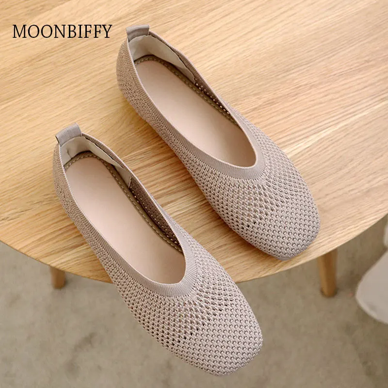 

Женские мокасины, женская обувь, летние бабушкины с квадратным носком туфли, повседневные женские кроссовки, вязаная обувь на плоской подош...