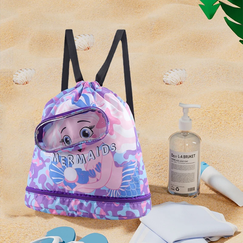 Kids Waterproof Swimming Backpack Boys Girls Beach Swimming Pool Dry Wet Separation Storage Bag Adjustable Drawstring Sports Bag