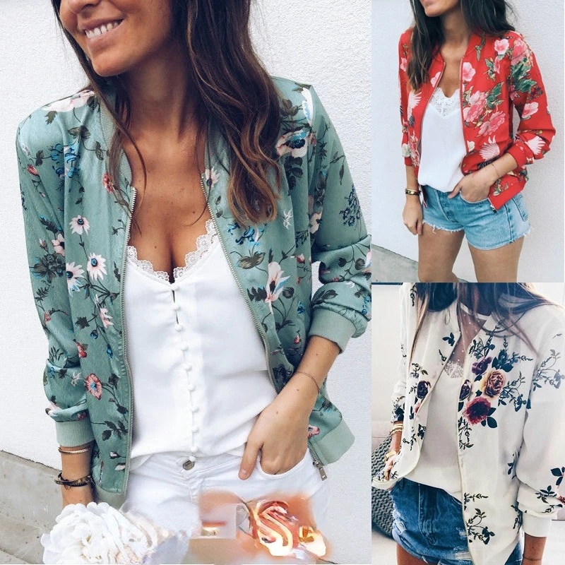 

Women Floral Jackets 2022 Autumn Casual O-Neck Zipper Print Pocket Bomber Jacket Retro Long Sleeve Female Outwears