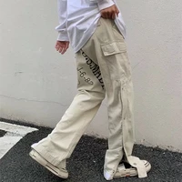 2022 multiple pockets apricot drawstring casual men loose cargo pants side button hip hop joggers long trousers pantalones y2k