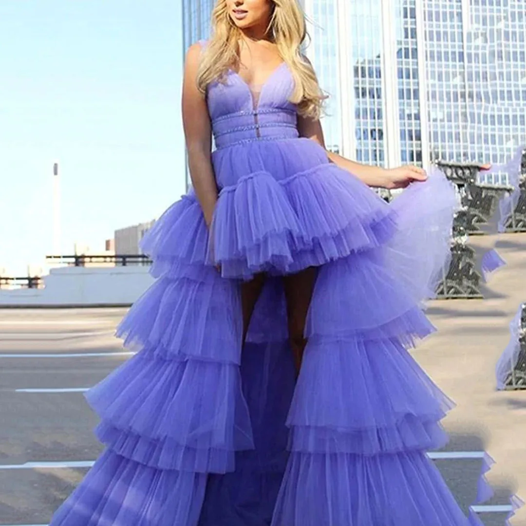 

Adorza Princess V-Neck Tiered Tulle High-low Romantic Prom Dresses for Girl
