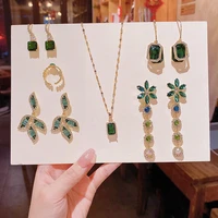 needle delicate zircon emerald set ring earring necklace female luxury geometric titanium steel collarbone chain earings