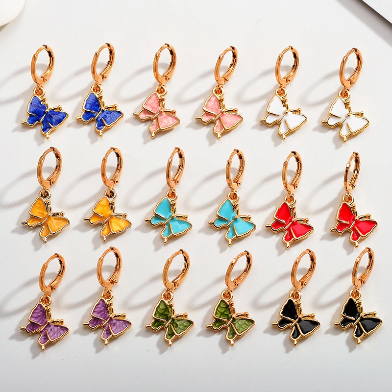 

2021 Trend 2 Pairs Enamel Alloy Glazed Earrings Geometric Animal Butterfly Pendant Earrings Set Women Girls Fashion Jewelry Gift
