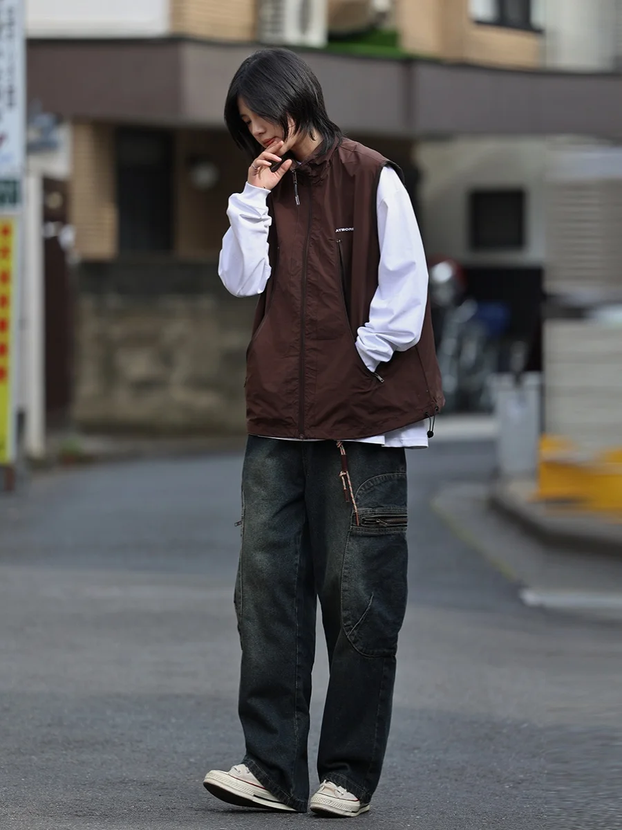 Your First Love Lao Wang Japan fashion Retro Waistcoat Vest Men's Fashion Brand Stand Collar Drawstring Curve Zip-up Pocket E...