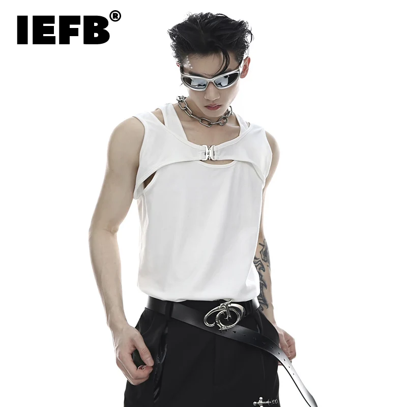 

Новинка, модный нишевой жилет IEFB из двух частей, футболка без рукавов с металлической пряжкой, мужские жилеты с индивидуальным сращением, ле...