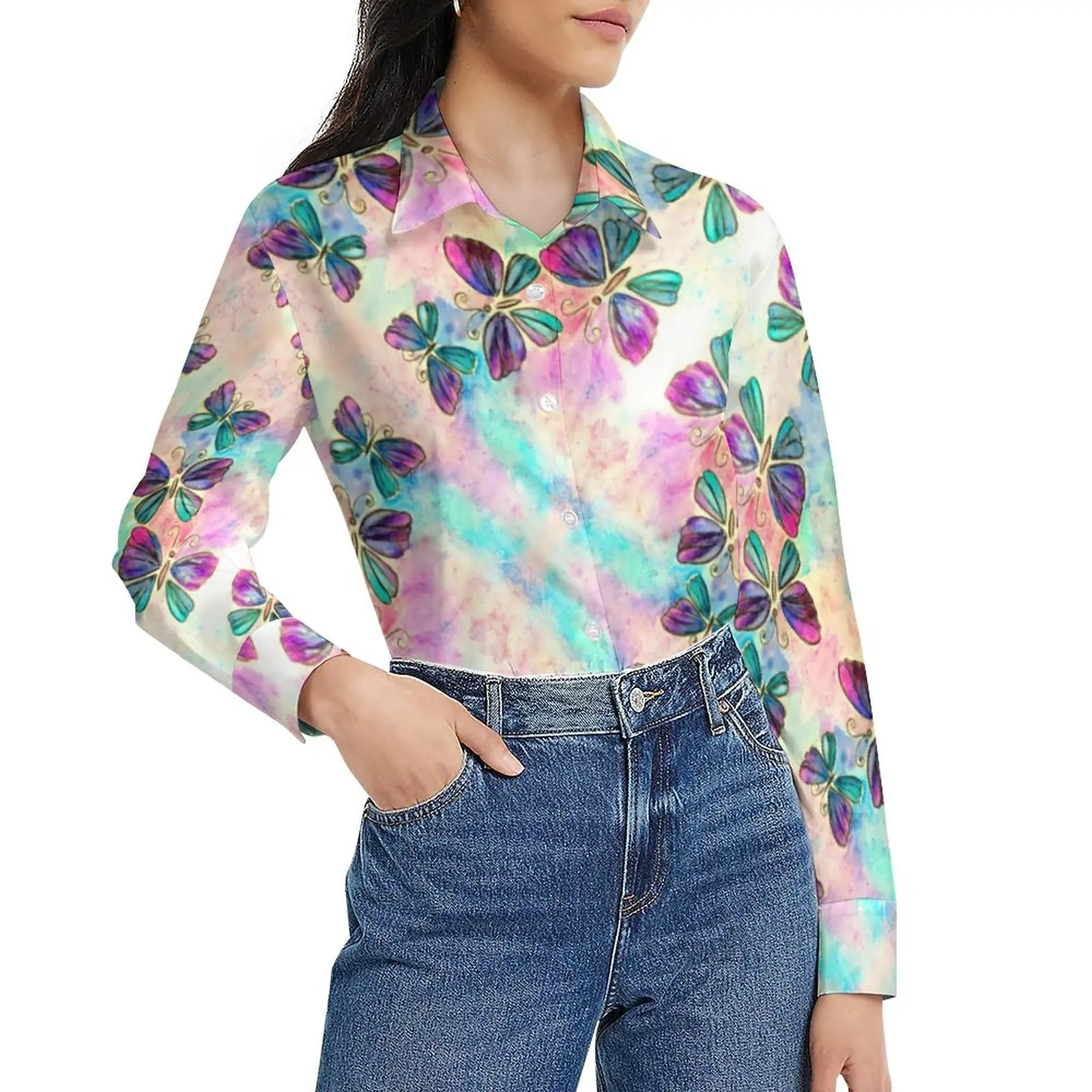 

Cute Colorful Butterfly Blouse Women Ombre Print Casual Loose Blouses Long-Sleeve Kawaii Shirts Custom Top Large Size