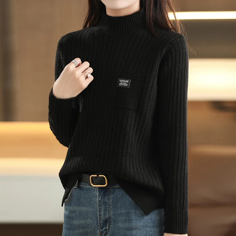 

Pullover Korean style undershirts waxy bottoming sweater women autumn winter women's solid color fashion semihigh collar sweater