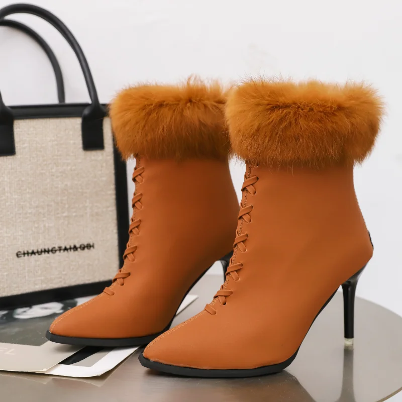 Women's Winter Fashion Pointed Toe Suede Ankle Fur Wrap Short Boots Lace Up Stiletto Ankle Boots Party Shoes 2023
