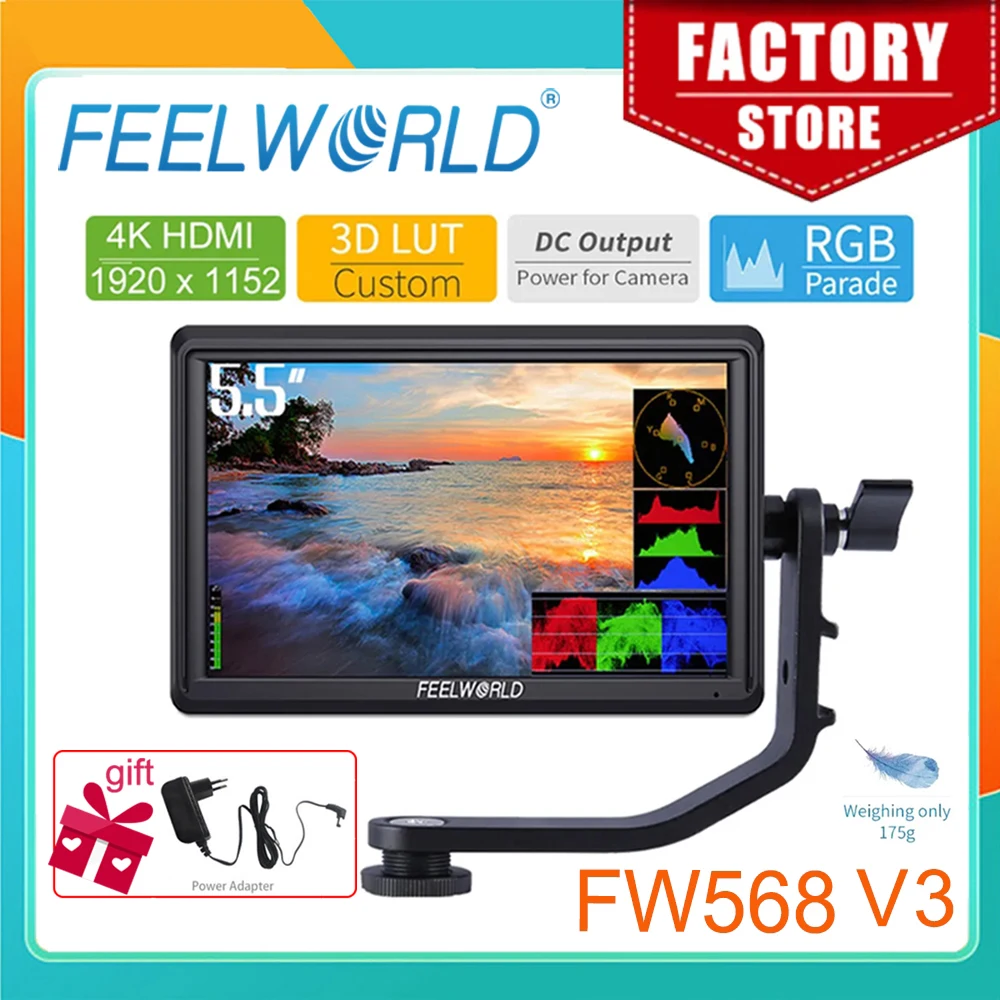 

FEELWORLD DSLR Camera Field Monitor FW568 V3 5.5 Inch 3D LUT IPS Full HD1920x1152 Support HDMI Output With Tilt Arm Touch Screen