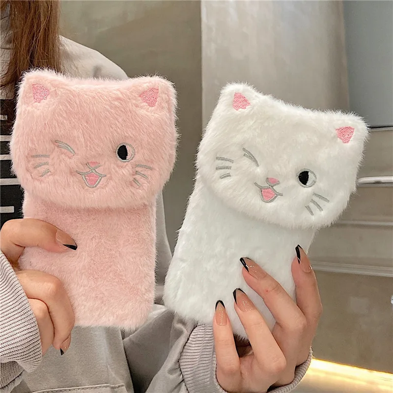 

Cute Cat Fur Fluffy Phone Case For Xiaomi Redmi 10C 10A 11A 12C Note 11 10 12T POCO C40 C50 F5 F4 GT X3 X4 X5 Pro 5G Cover Stand