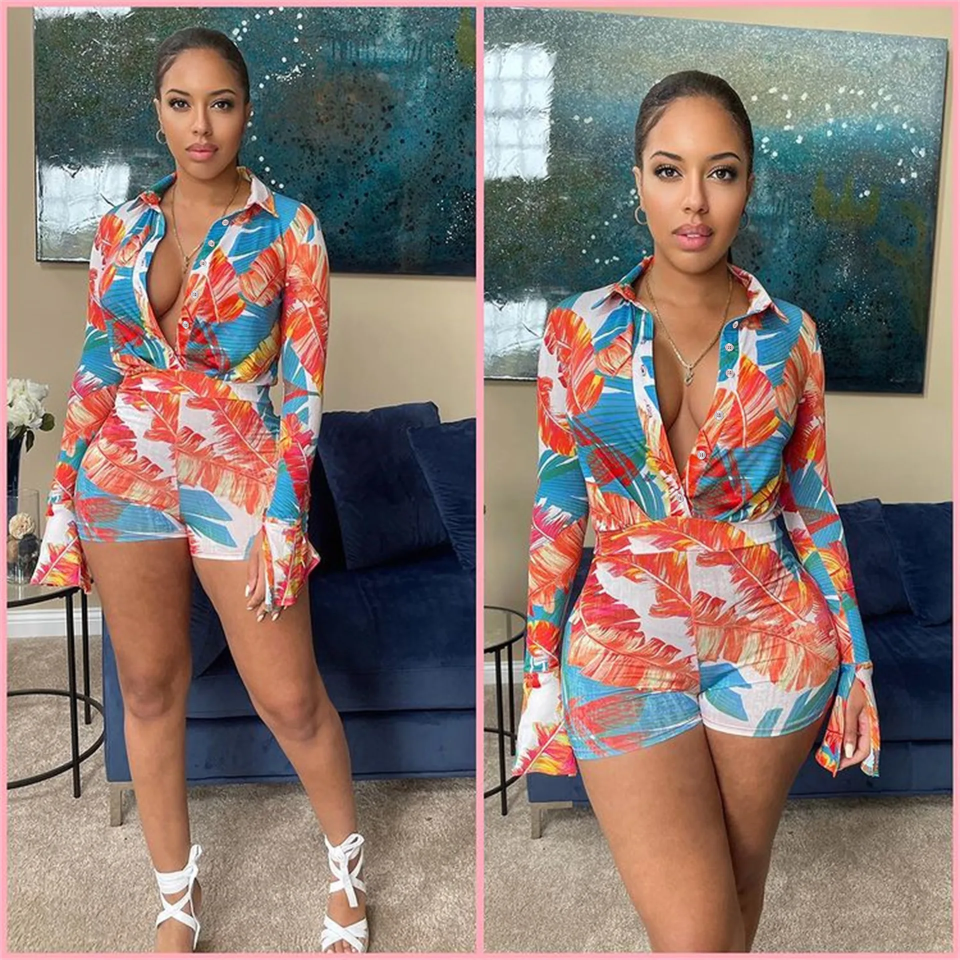Prowow Women Vacation Beach Outfits Long Sleeve One-piece Romper Fashion Print Slim Fit Summer Playsuits Button Female Clothes