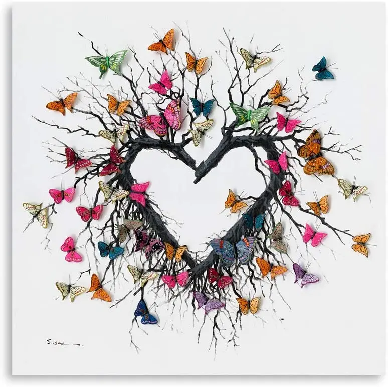 

Butterfly canvas painting printing wall art bedroom heart-shaped branches around colorful butterfly love theme picture posters