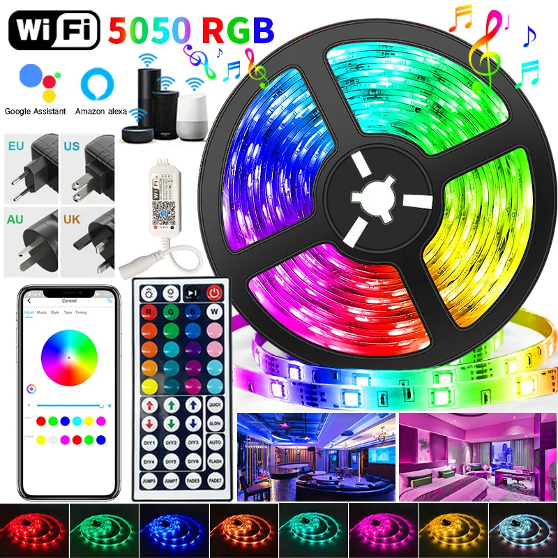 

LED Strip Lights WIFI RGB Led Light SMD 5050 Flexible Waterproof Tape Diode Alexa Phone Control DC Adapter 5M-15M 30 LED/M