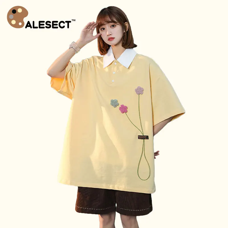 

CALESECT Flower Polo T Shirts Women 2022 Summer Oversized Tshirts Tops Men Unisex Harajuku Streetwear Cotton Classical Clothes