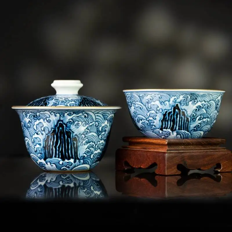 Керамический чайный сервиз Gaiwan в античном стиле Цзиндэчжэнь, имитация «Священная гора», «Морской дракон Цзянья», сине-белый (art.: 3920db454672c) - 3920db454672c