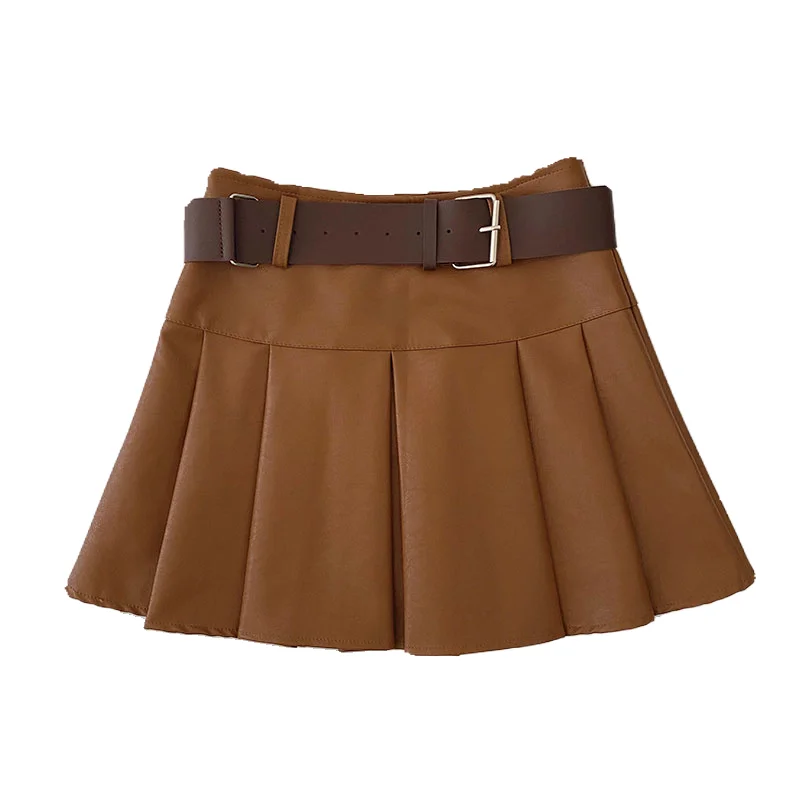 

Summer new Korean retro high waist A-line pleated skirt with belt women