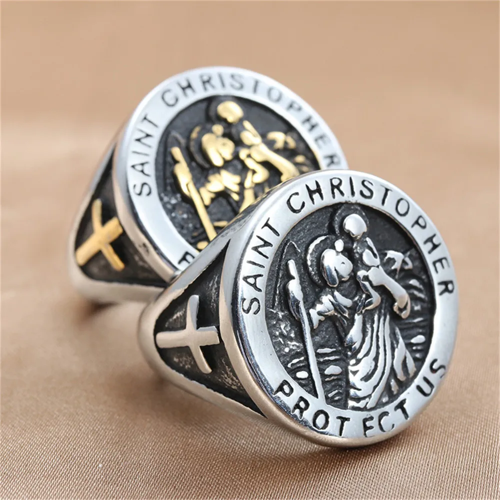 

Men's Vintage Titanium Steel SAINT CHRISTOPHER Cross Ring Jewelry Gift