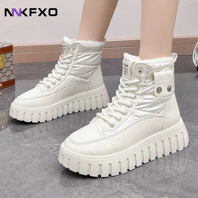 

Winter 2023 New Fashion Women's Ankle Casual Boots Lace-up Warm Short Plush Soles Platform Non-slip Female Boots Botas Mujer