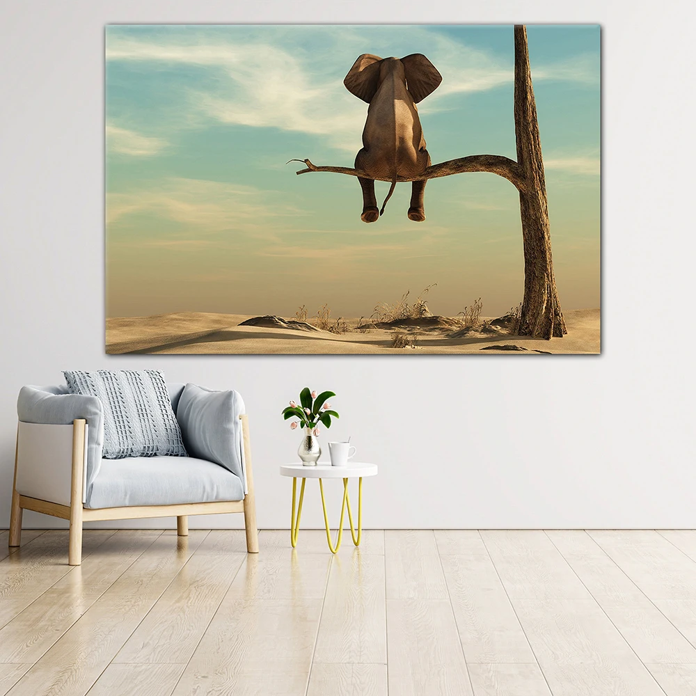 

Elephant Sitting On Tree Wall Art Posters And Prints Pictures Canvas Painting Decoration Home Decor for Bedroom or Living Room