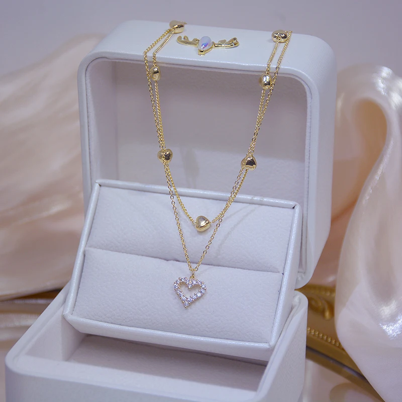 

New Double-layer Love Japanese and Korean Retro Temperament Necklace Double-layered Diamond-encrusted Female Fashion Jewelry