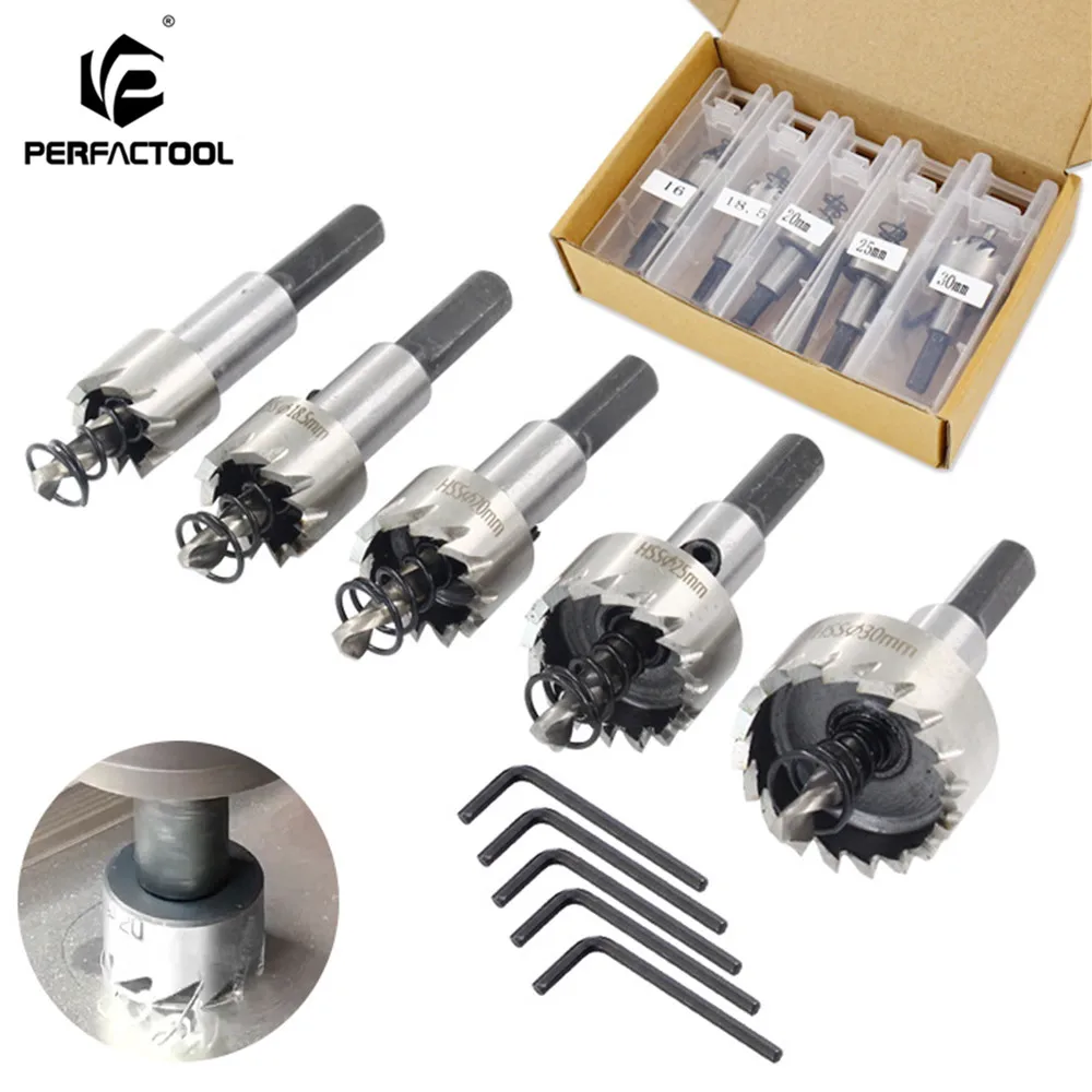 

PERFACTOOL HSS6542 Triangular Shank Hole Saw Stainless Steel Iron Sheet Plastic Reaming Drill Punching Tool 5PC Set